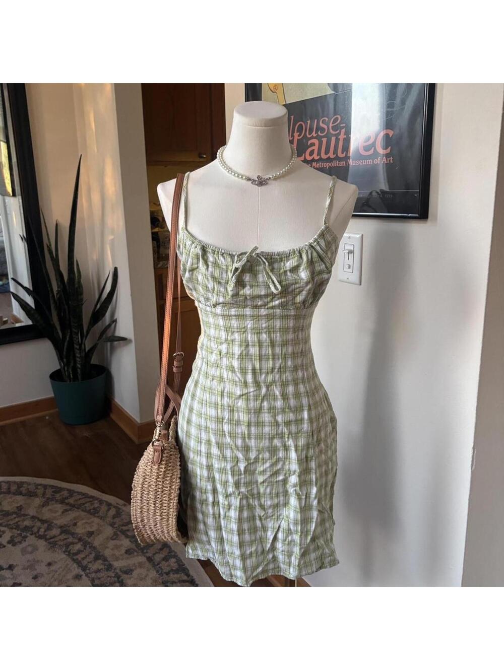 Brandy Melville Green Plaid Mini Dress One Size Coquette Soft Girl Y2K
